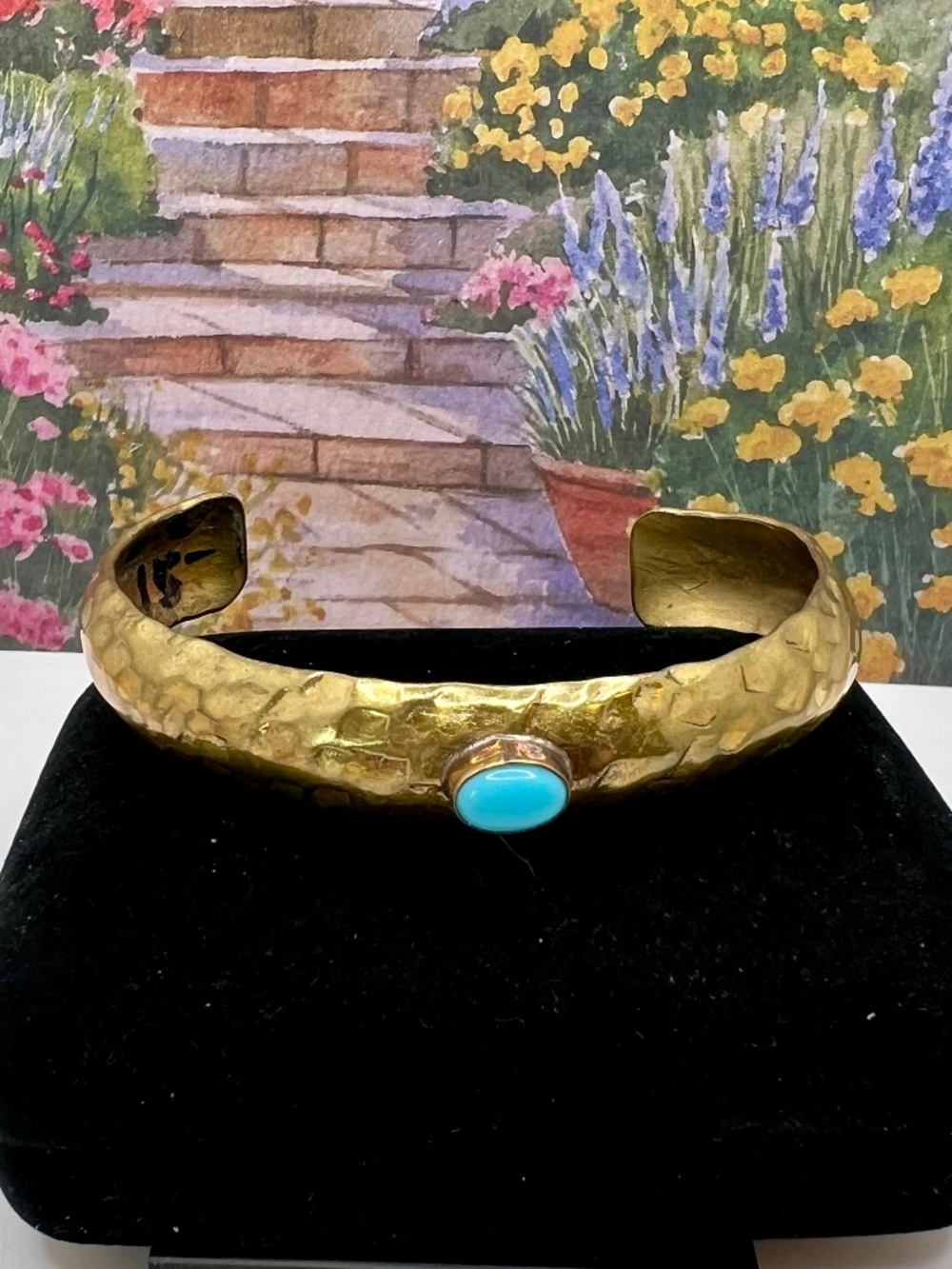 SALE 3/$20**Hammered Brass Cuff Blue Cabochon